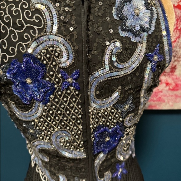 Scala Vintage 90's Beaded Silk Black and Blue Full Length Gown Size M. - Picture 6 of 13